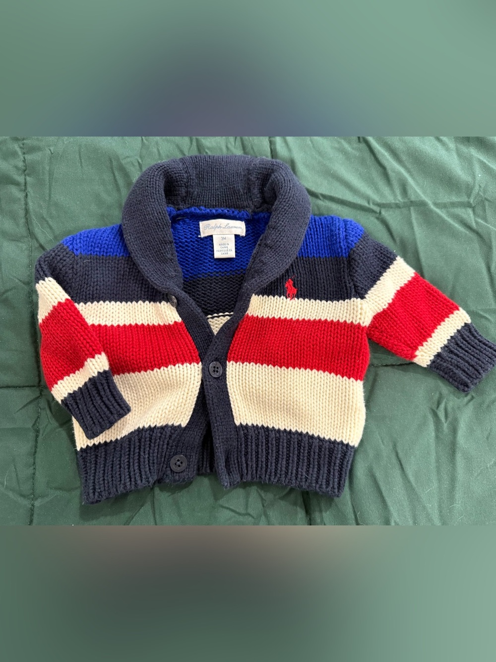 Ralph Lauren Baby Boys 3M Shawl Collar Cardigan Sweater Striped Chunky Knit